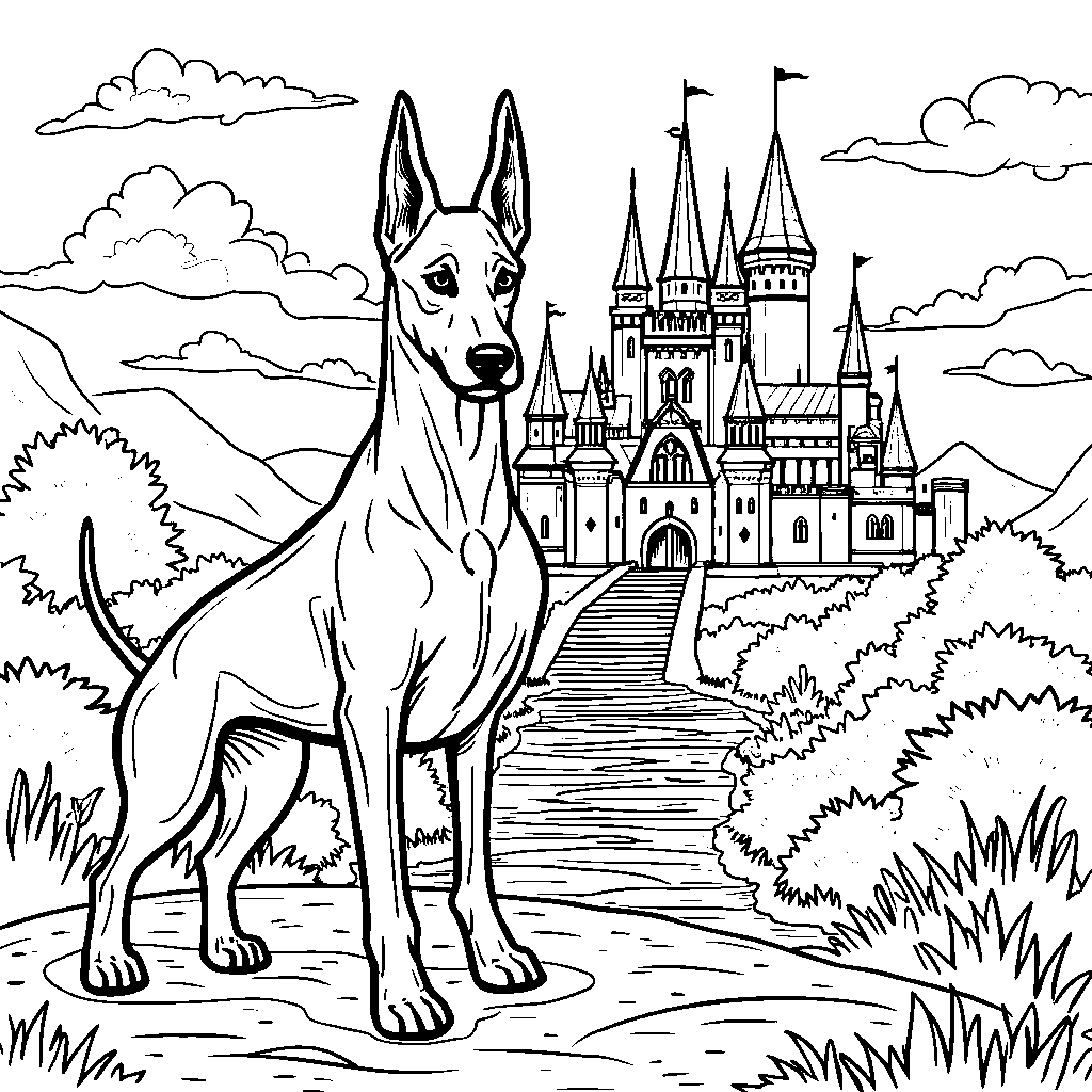 Doberman pinscher standing guard in front of a castle