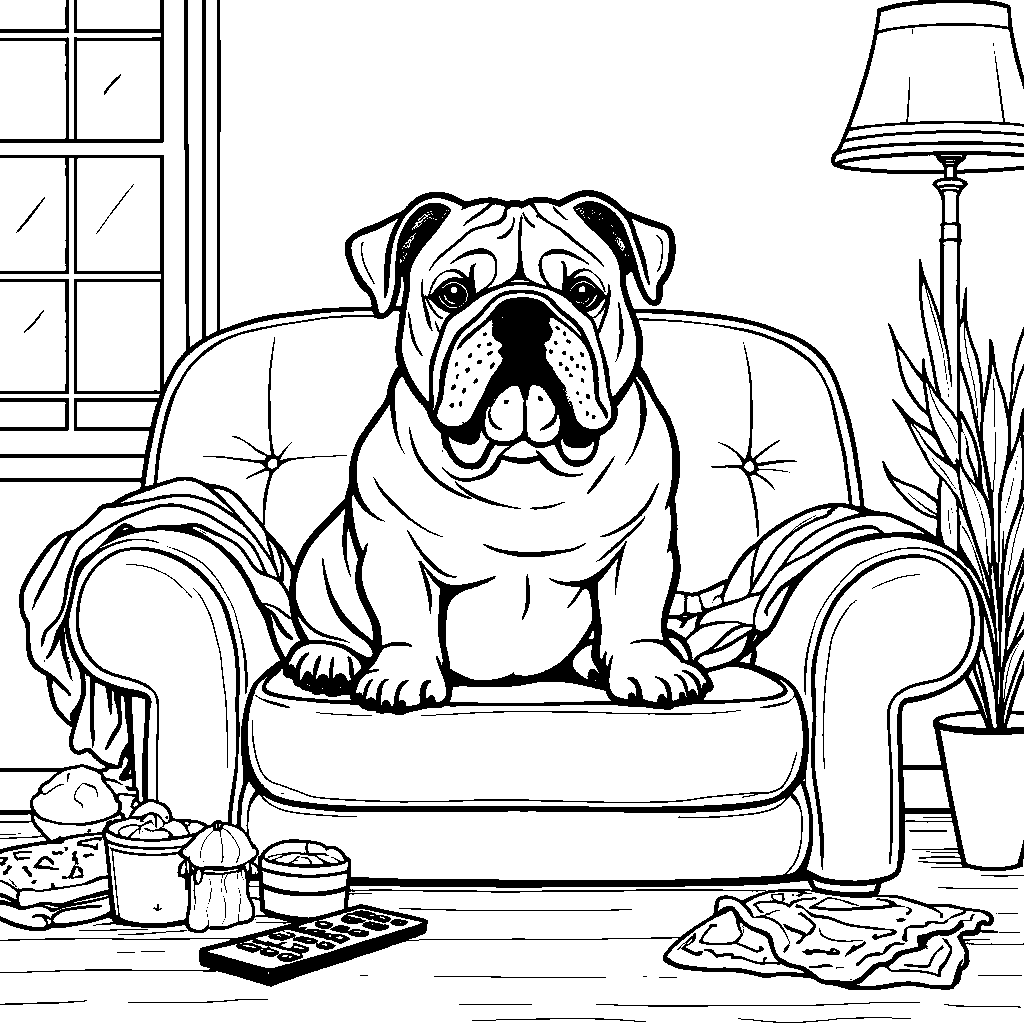 English bulldog sitting on a couch, watching TV