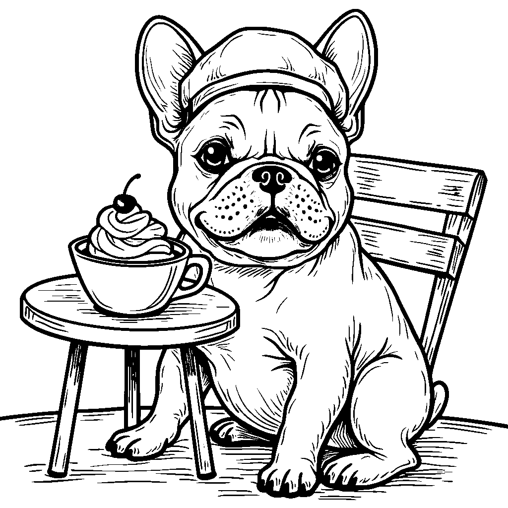 French bulldog enjoying a cupcake and a latte