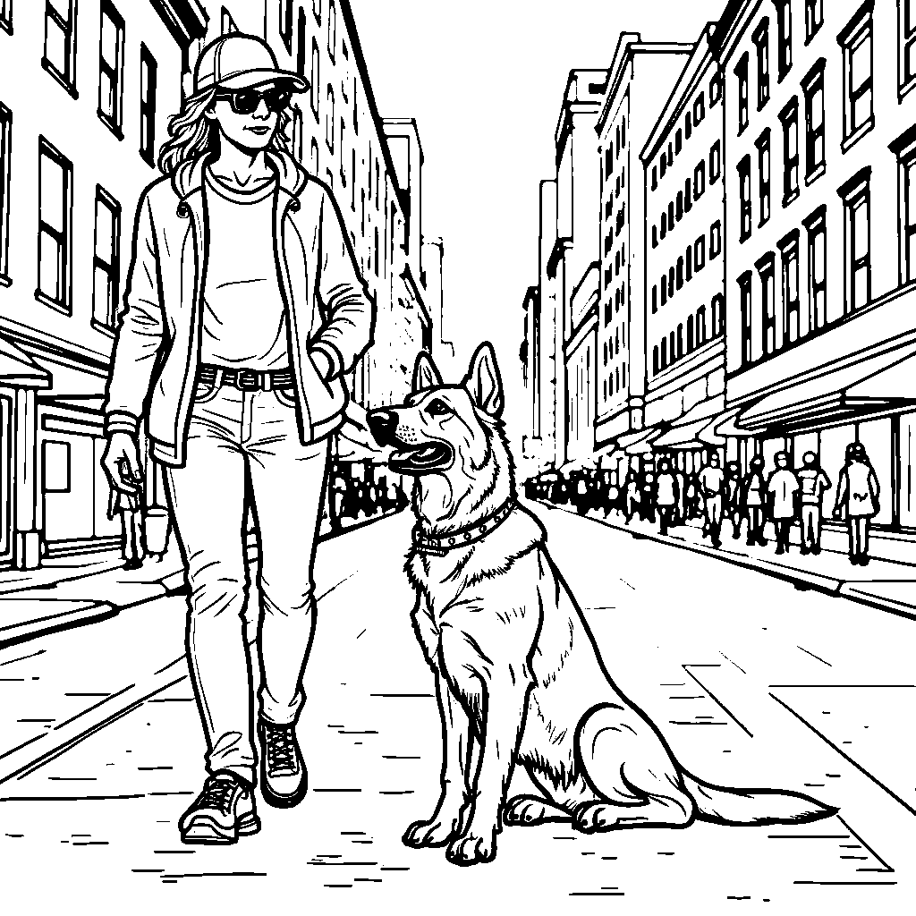 German shepherd guiding a blind person through the city