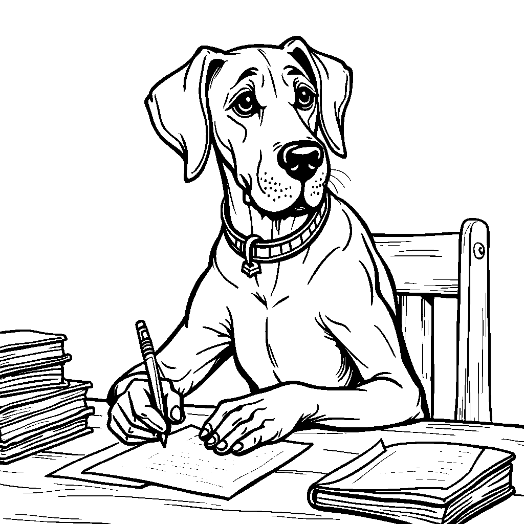 Great dane sitting at a desk, writing a letter