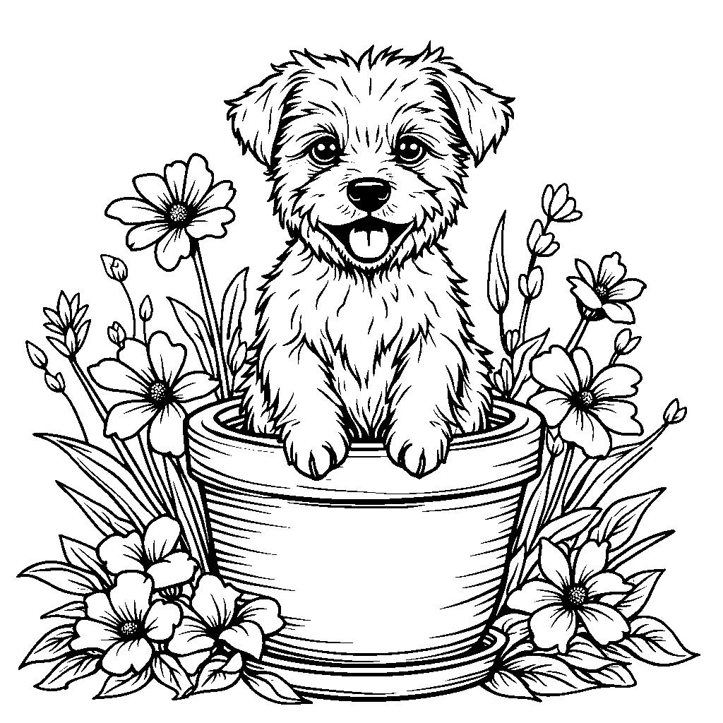 Maltese sitting in a flower pot, surrounded by petals