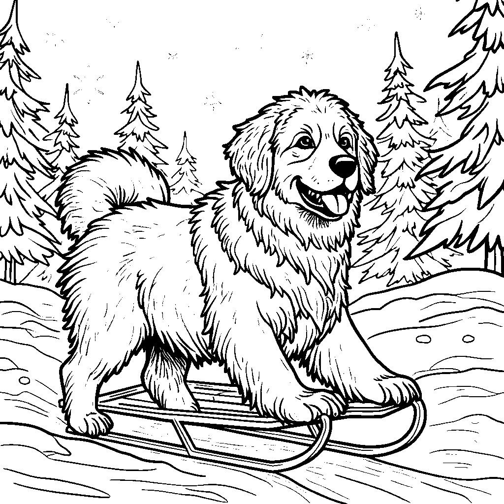 Newfoundland dog pulling a sled through the snow