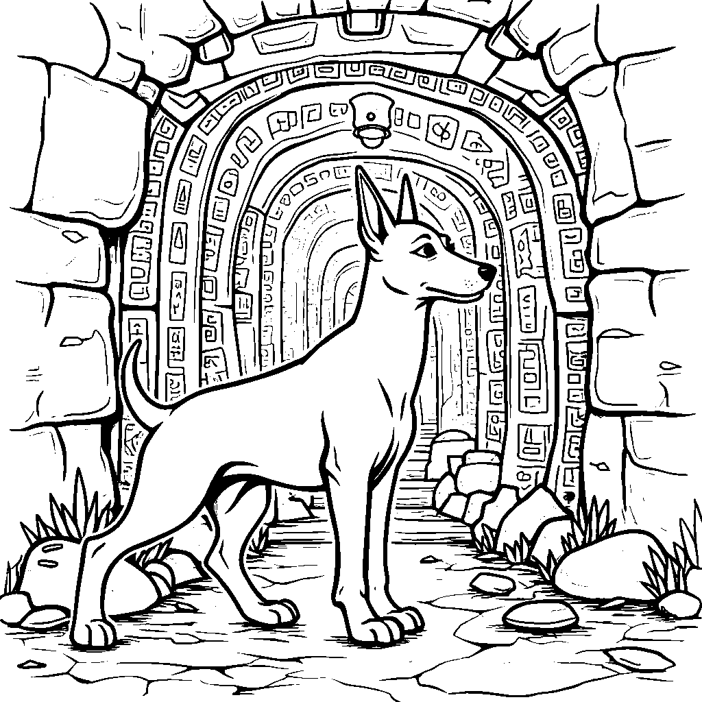 Pharaoh hound exploring an ancient Egyptian tomb