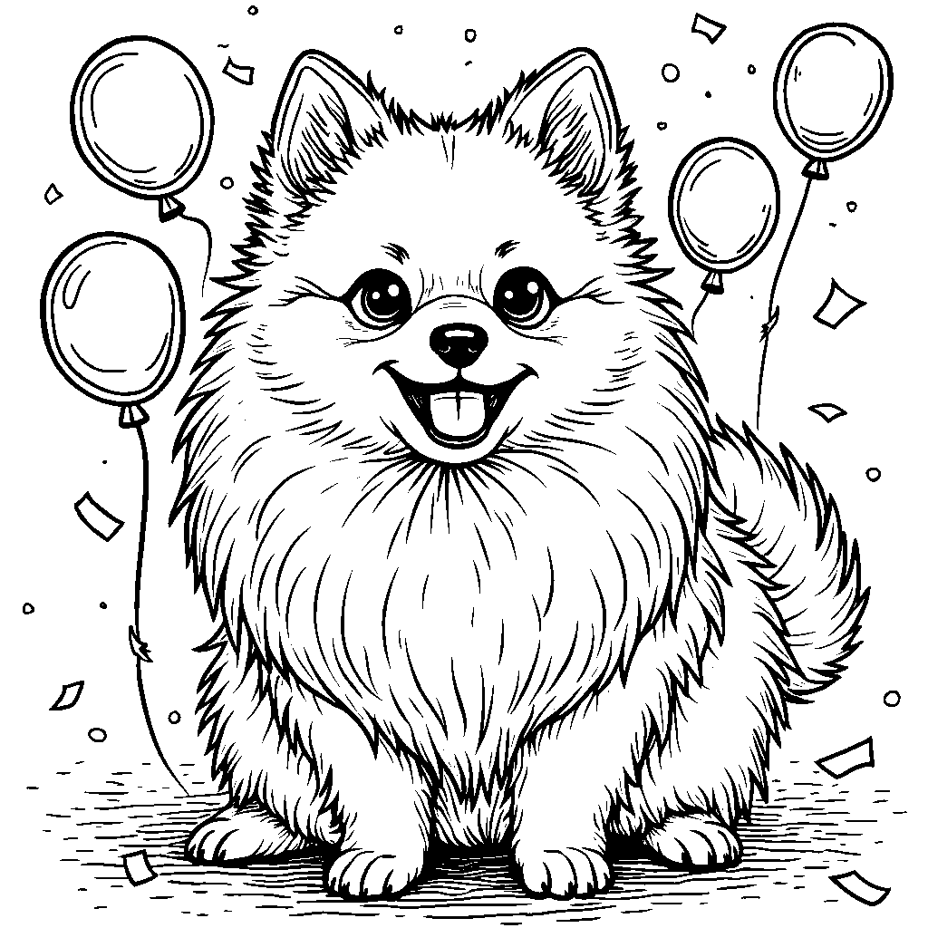 Pomeranian surrounded by balloons and confetti