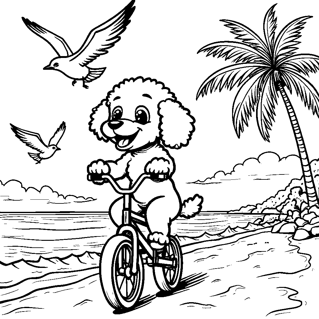 Poodle riding a unicycle on the beach