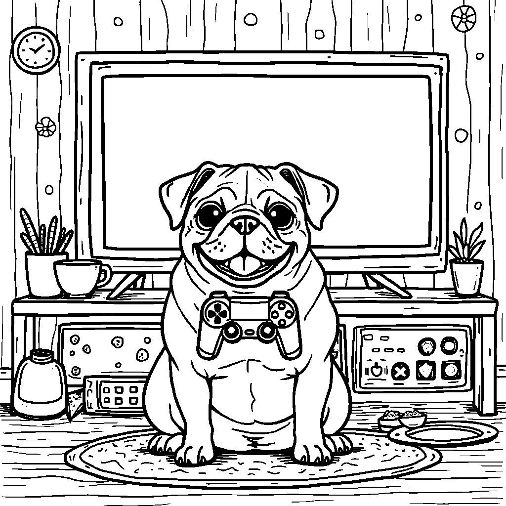 Pug playing a video game on a console