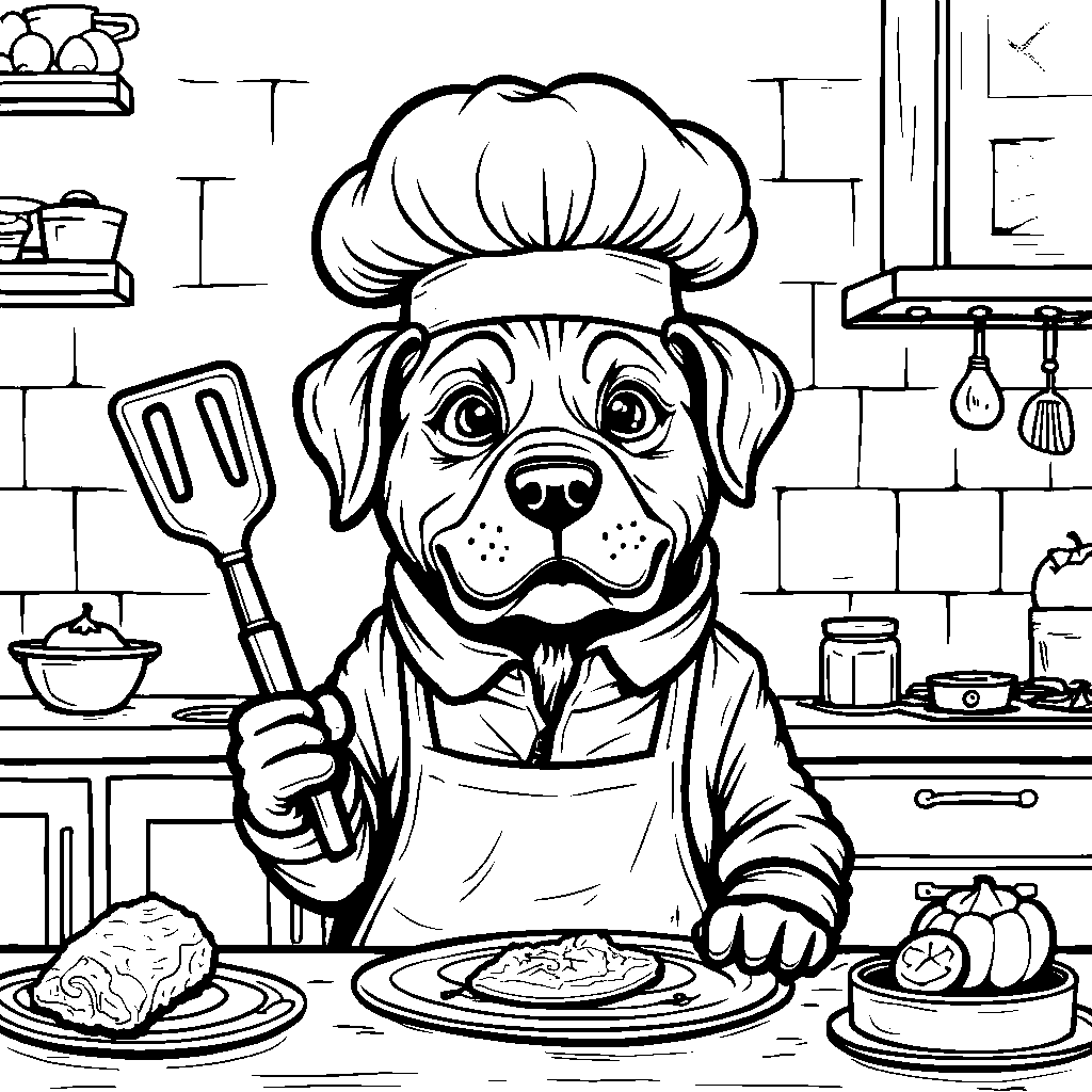 Rottweiler wearing a chef's hat and holding a spatula