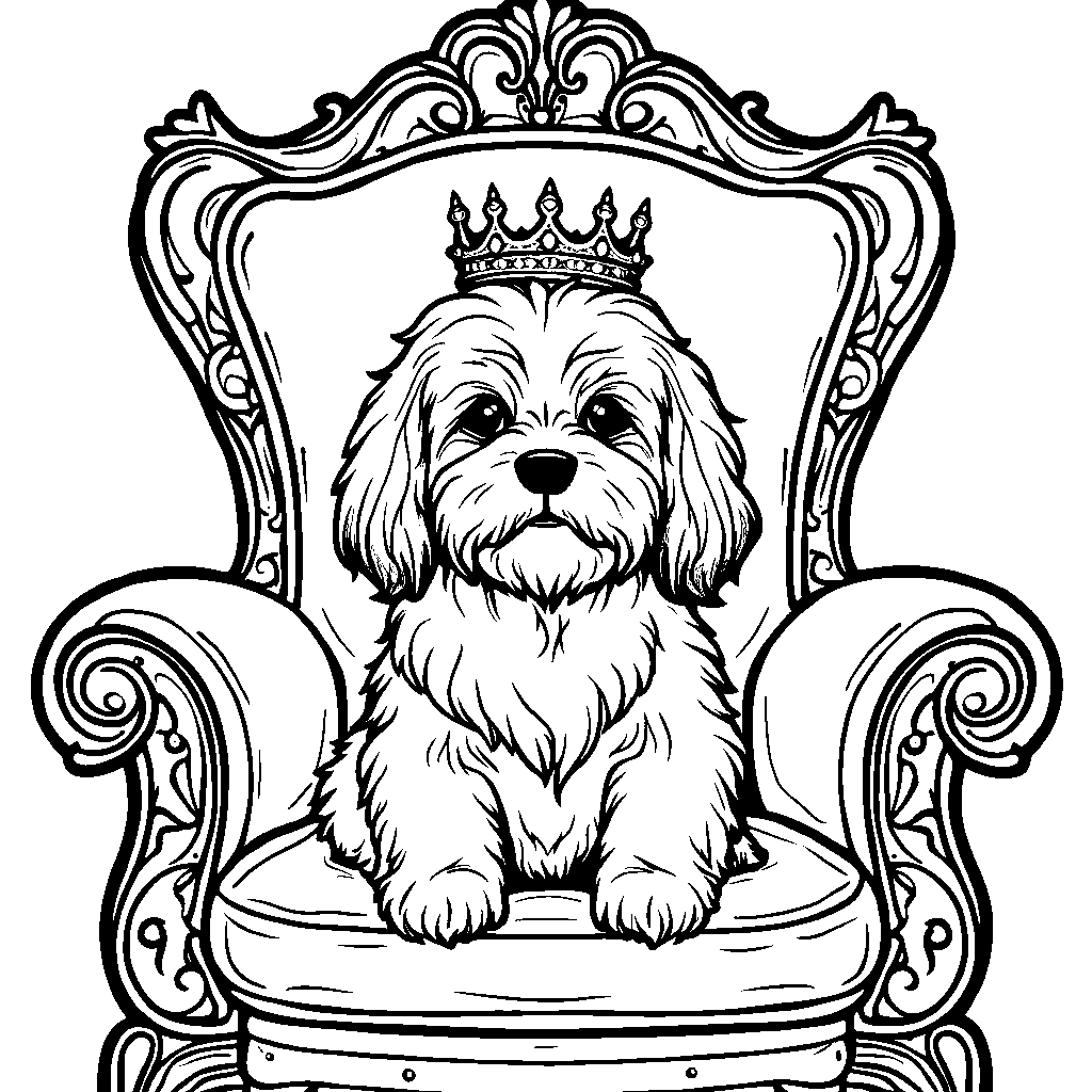 Shih Tzu sitting on a throne, wearing a crown