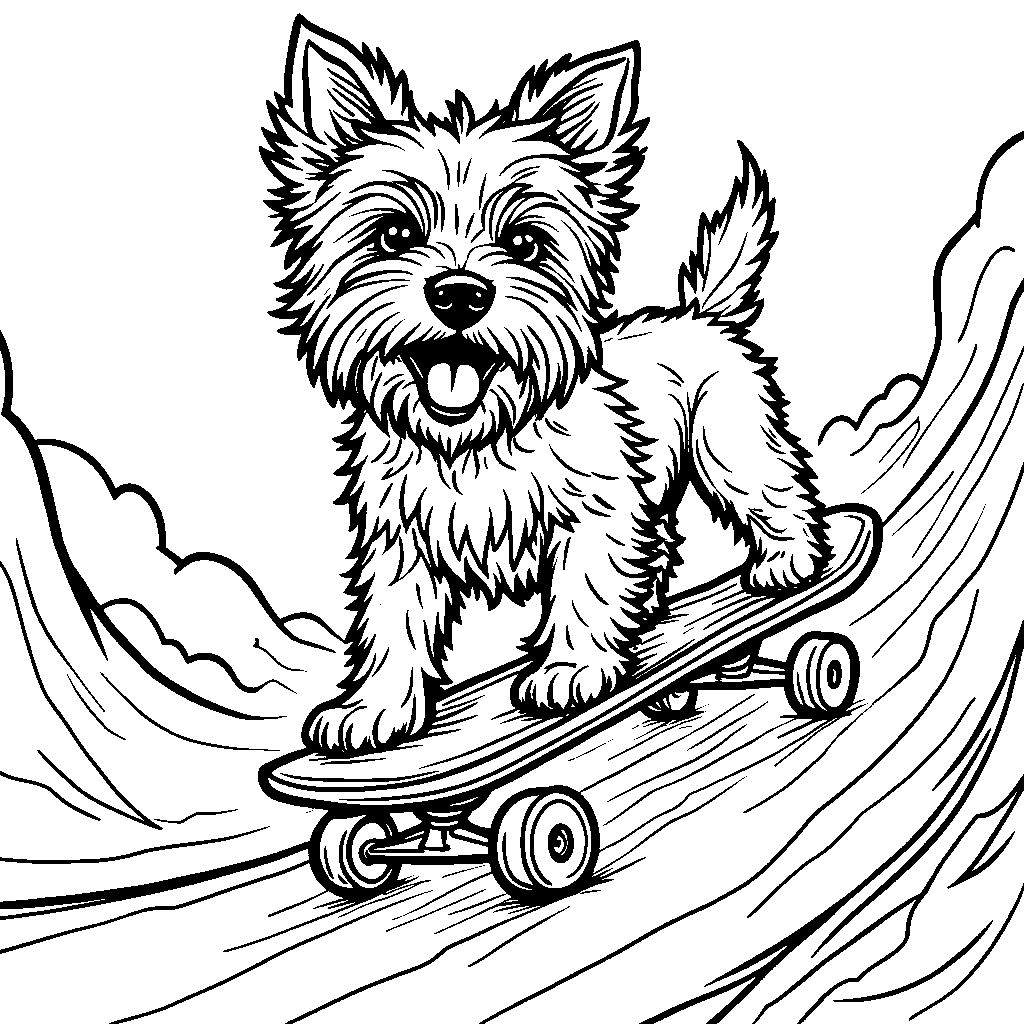 Yorkshire terrier riding a skateboard down a ramp