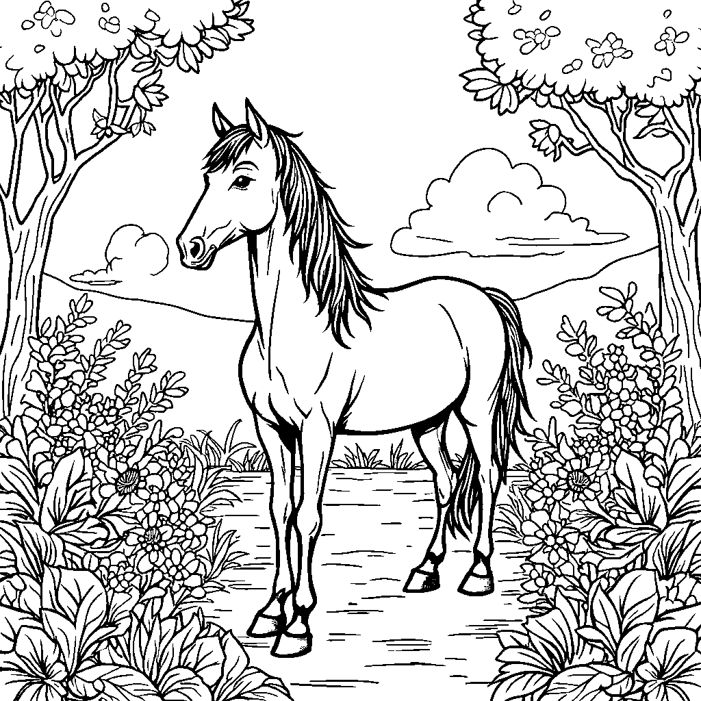 A horse in a beautiful garden