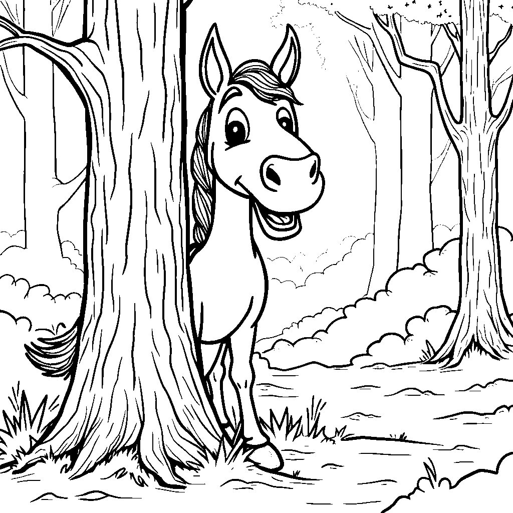 A horse playing hide and seek behind a tree