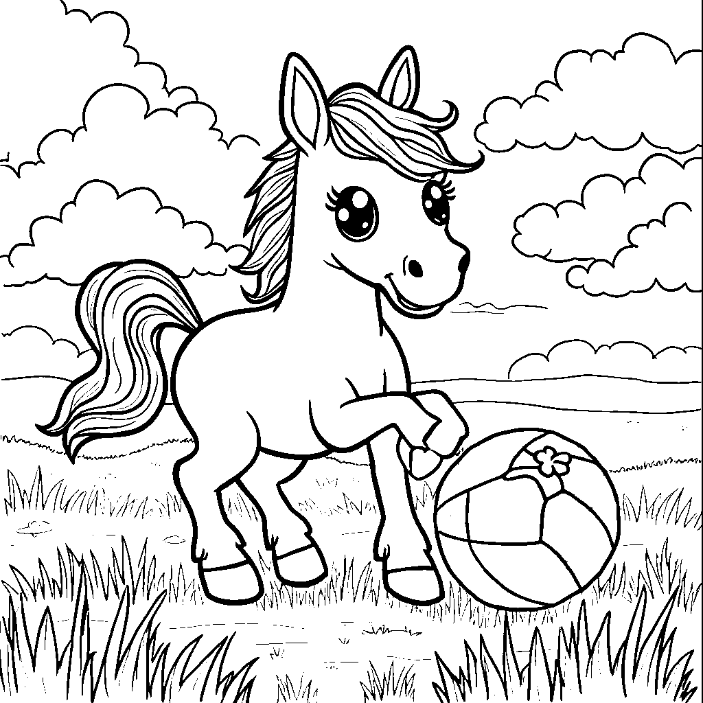 A horse playing with a ball