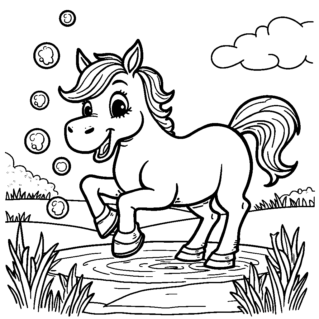 A horse playing with bubbles