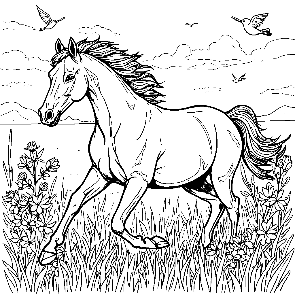 A horse running freely in a green meadow