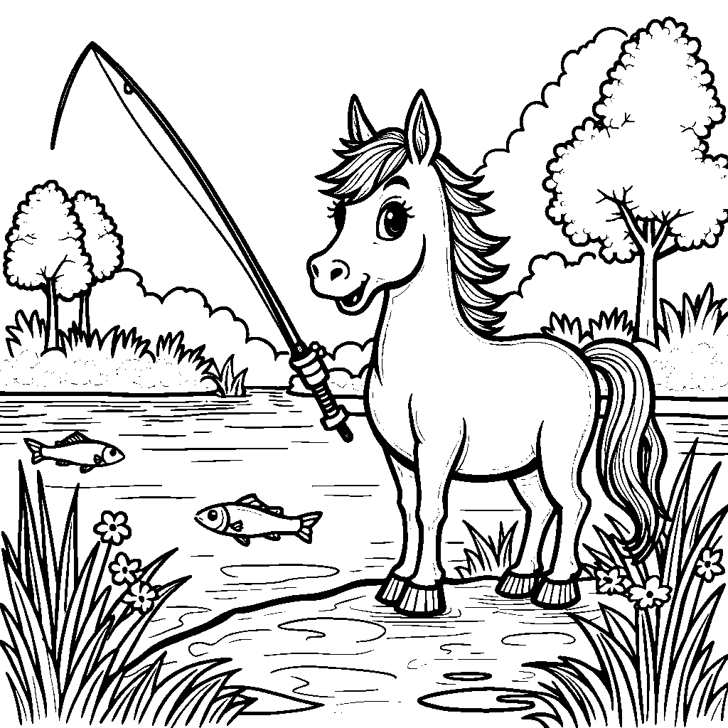 A horse with a fishing rod