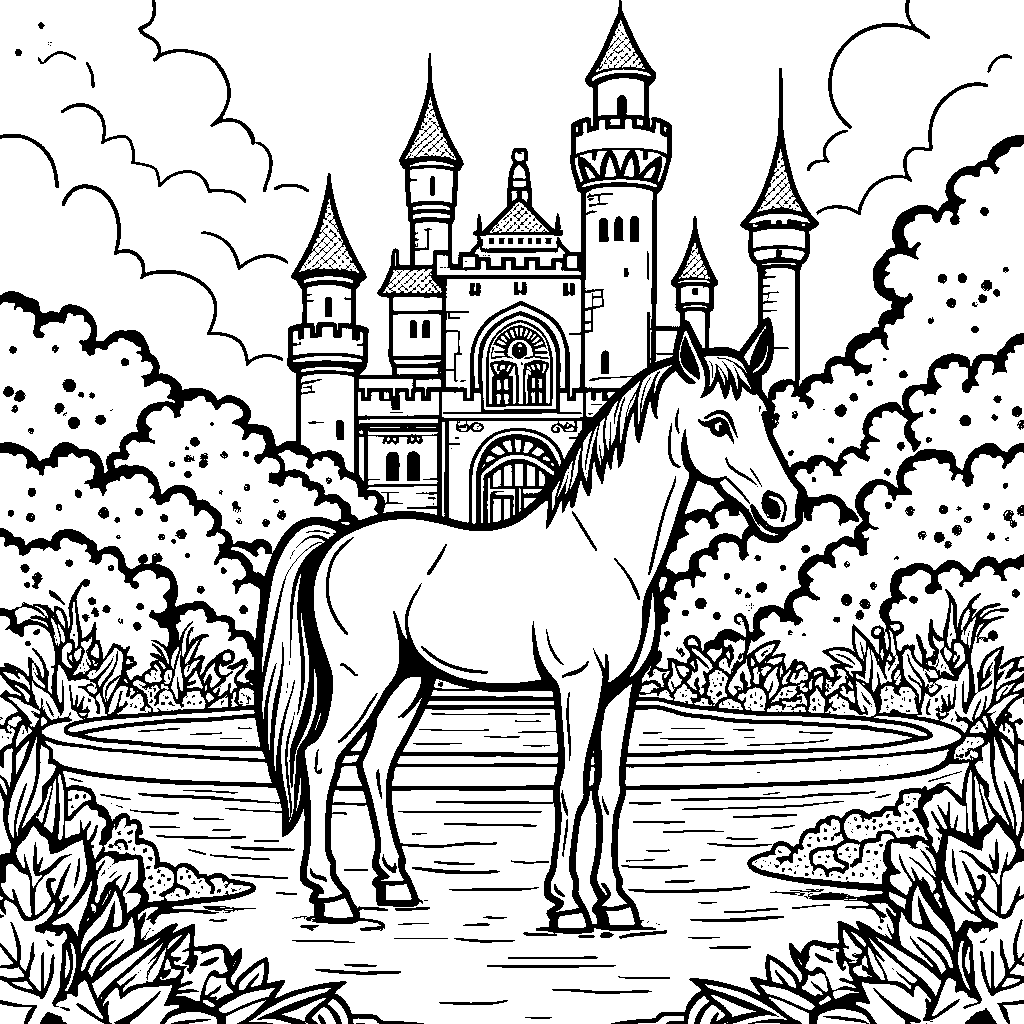 A horse in a fairy tale castle