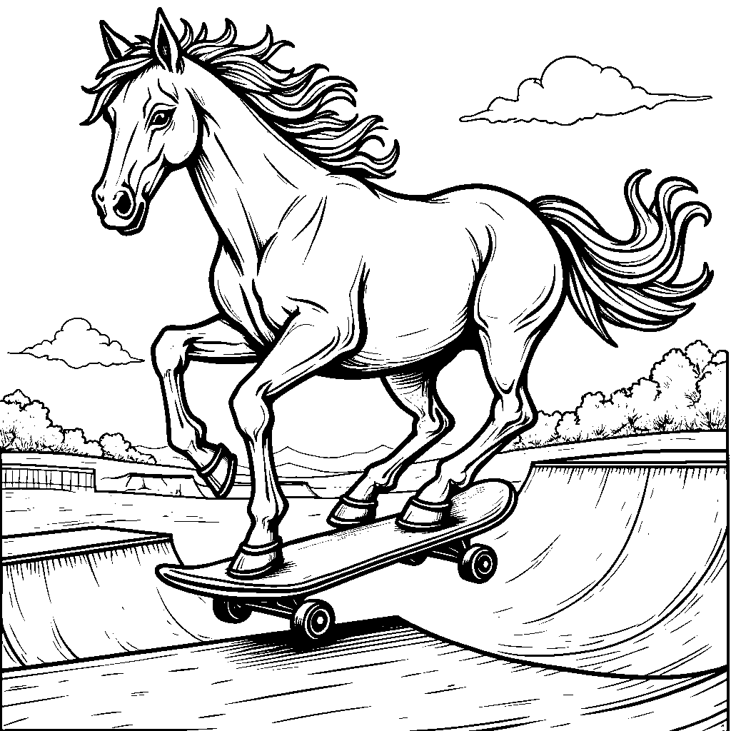 A horse riding a skateboard