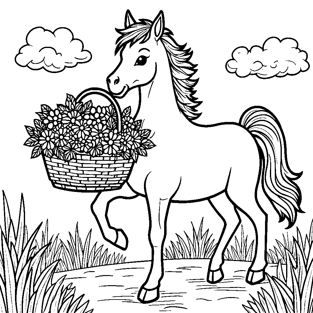 A horse with a basket of flowers