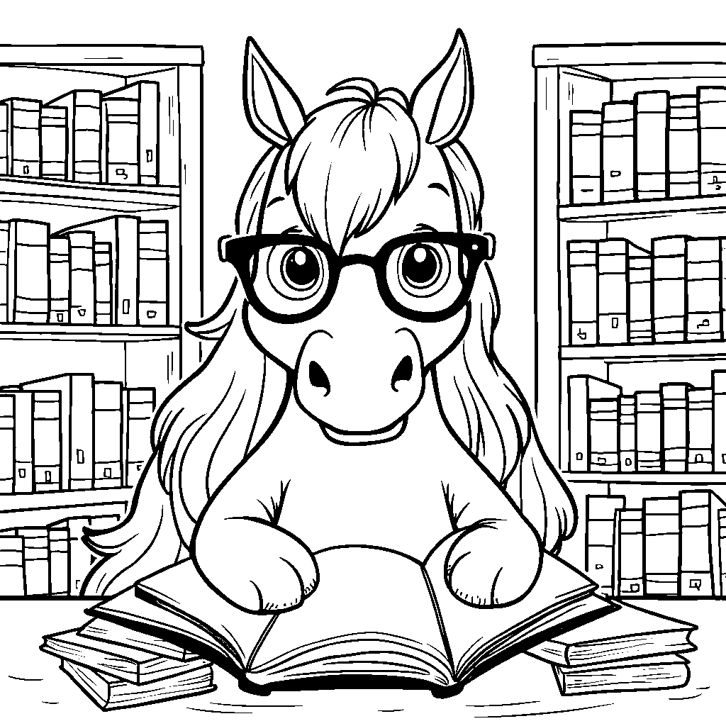 A horse with a book and reading glasses