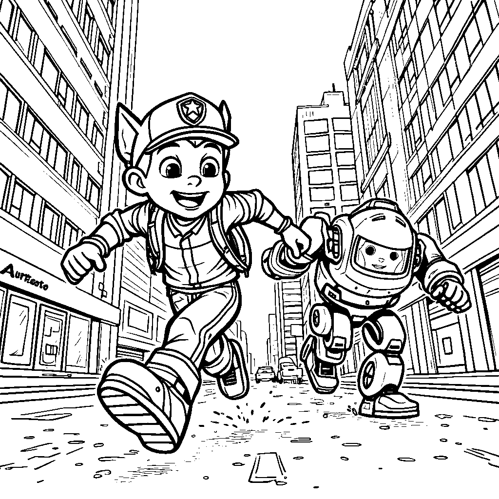 Chase chasing a runaway robot through the city