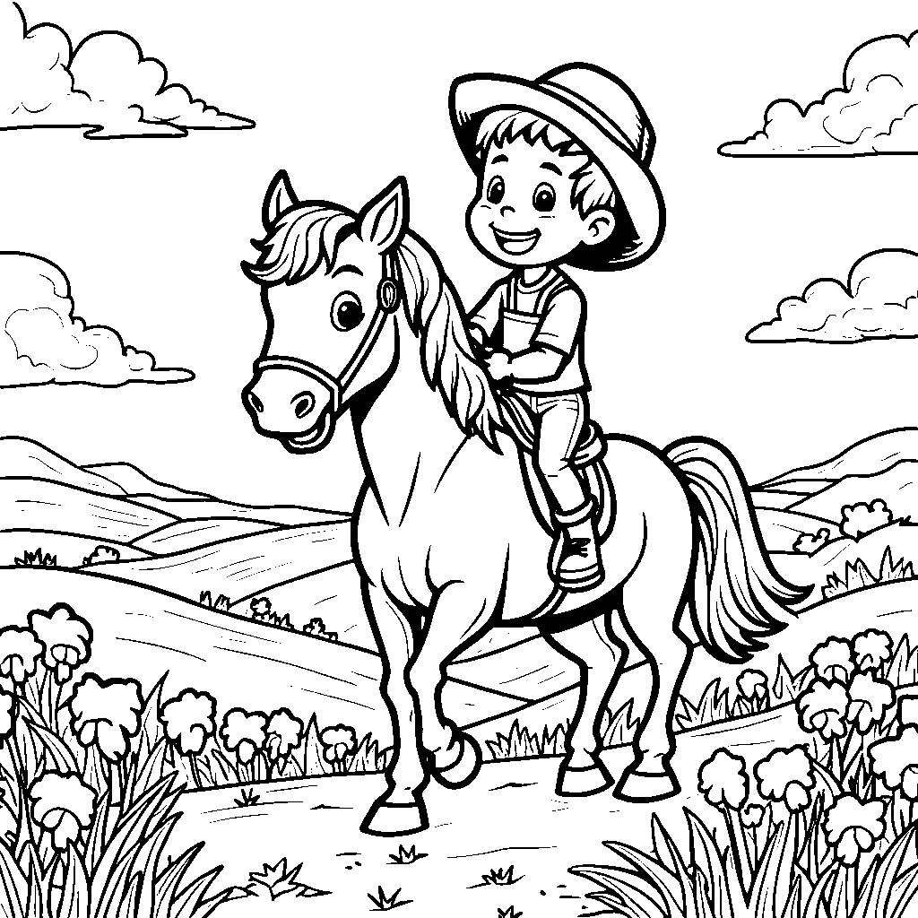 Chase riding a horse through a countryside