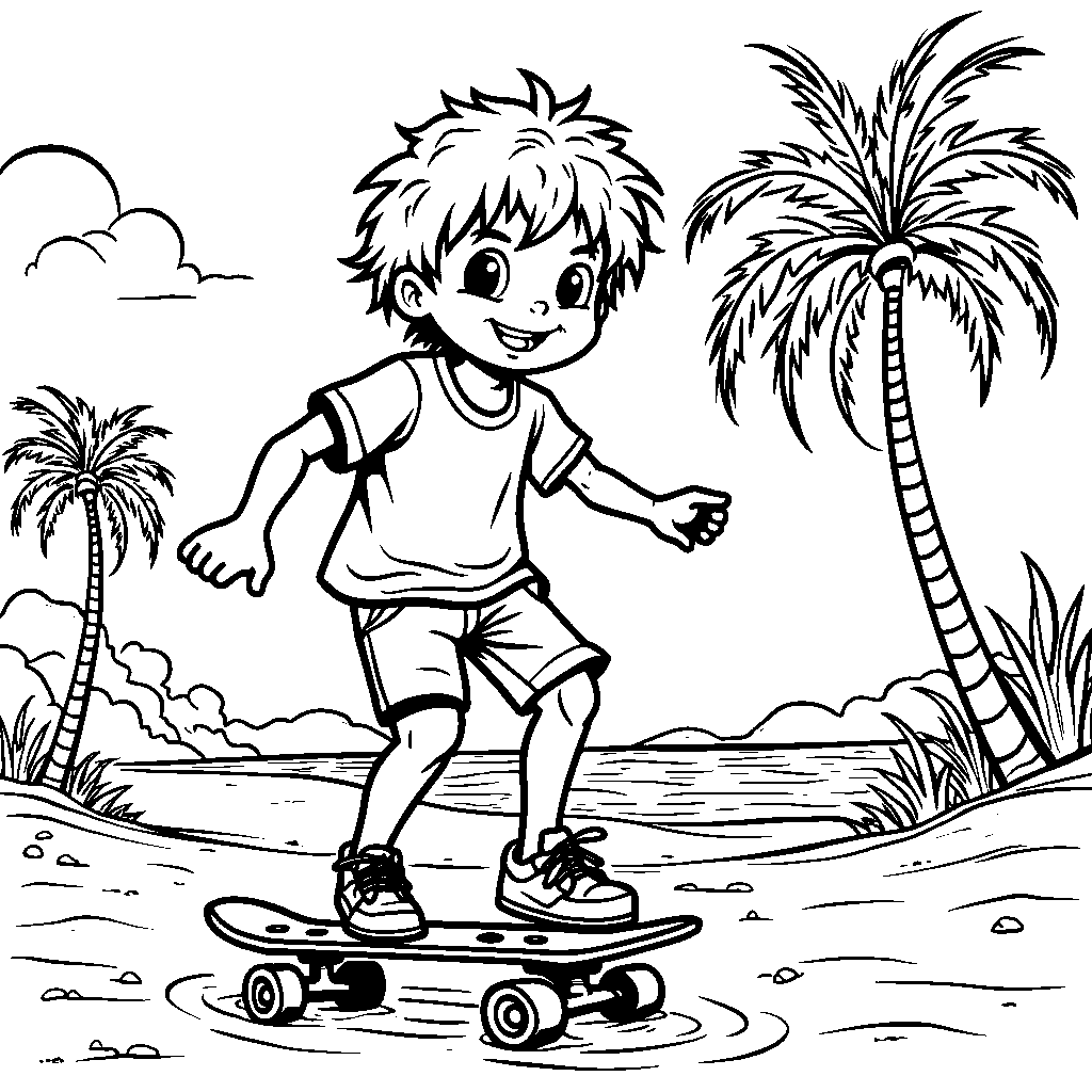 Chase riding a skateboard on the beach