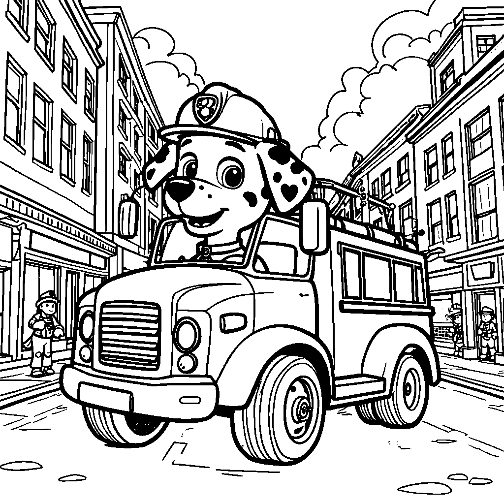 Marshall driving a fire truck through a city street