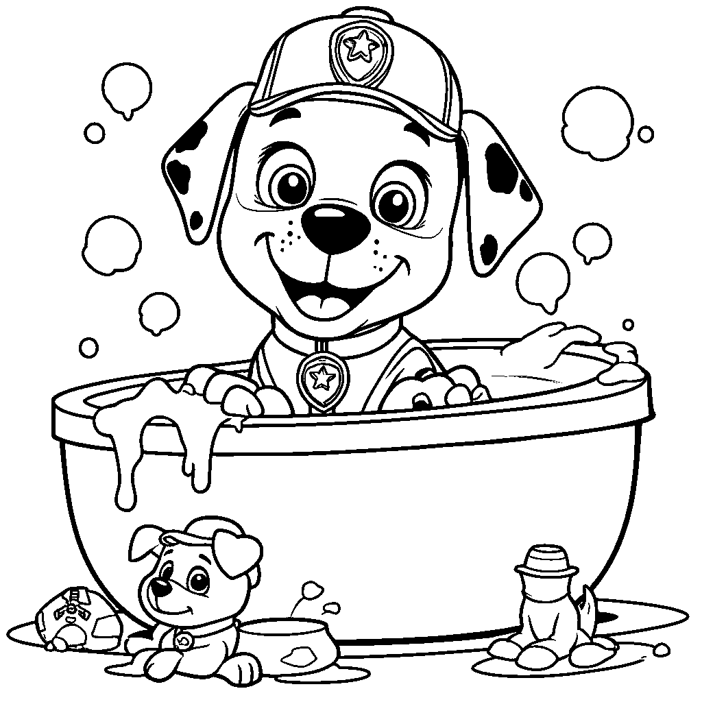 Marshall giving a bath to a dirty puppy