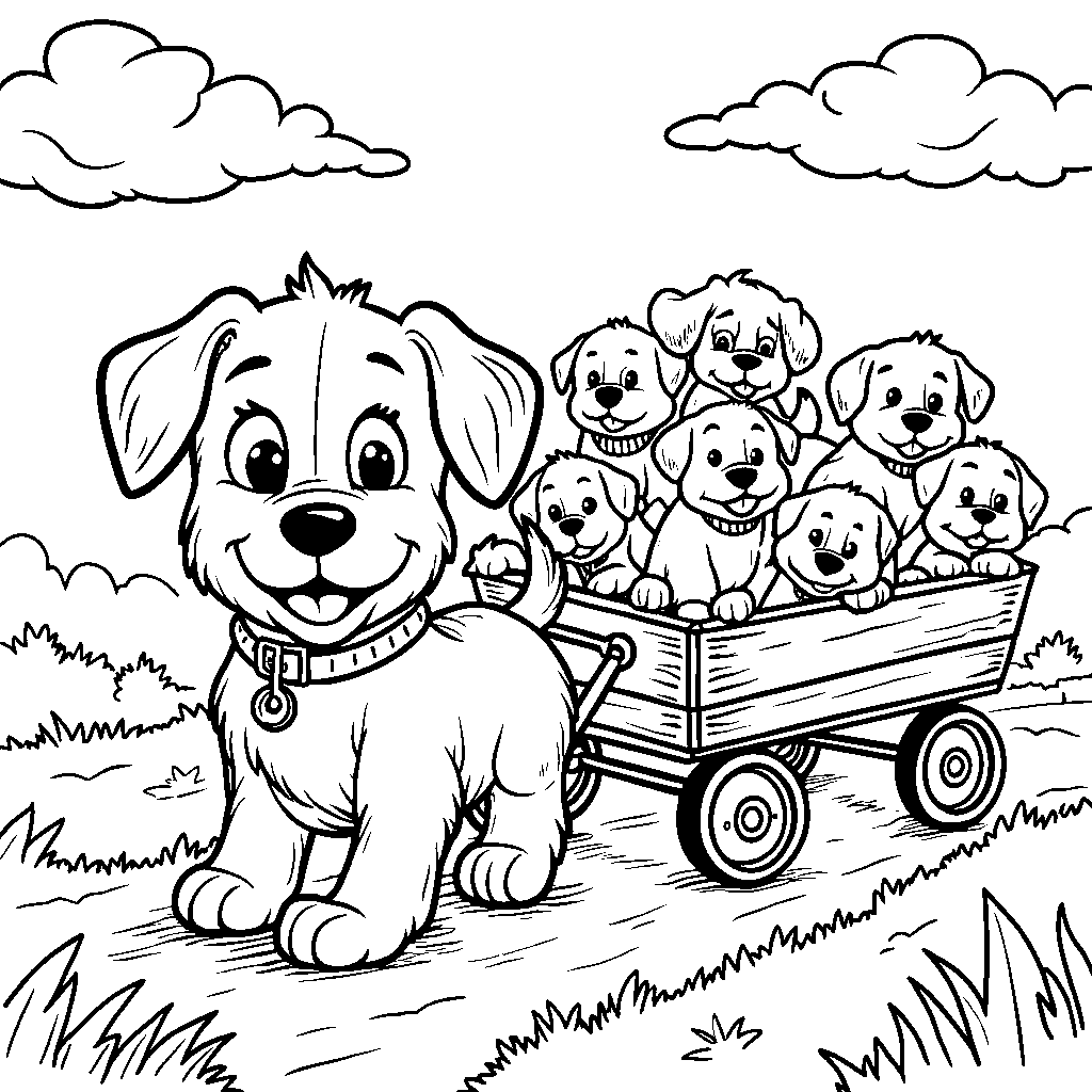 Marshall pulling a wagon full of puppies