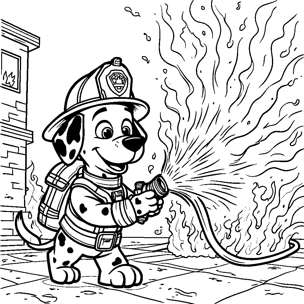 Marshall putting out a fire in a burning building