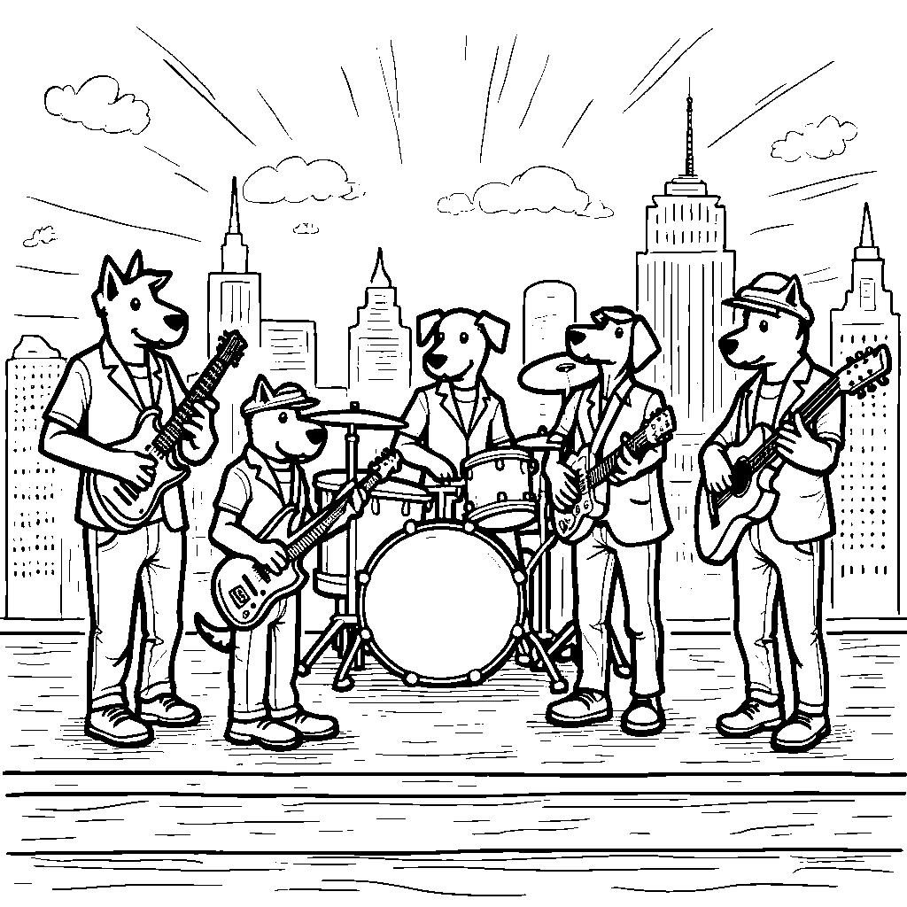 Pups playing musical instruments in a band