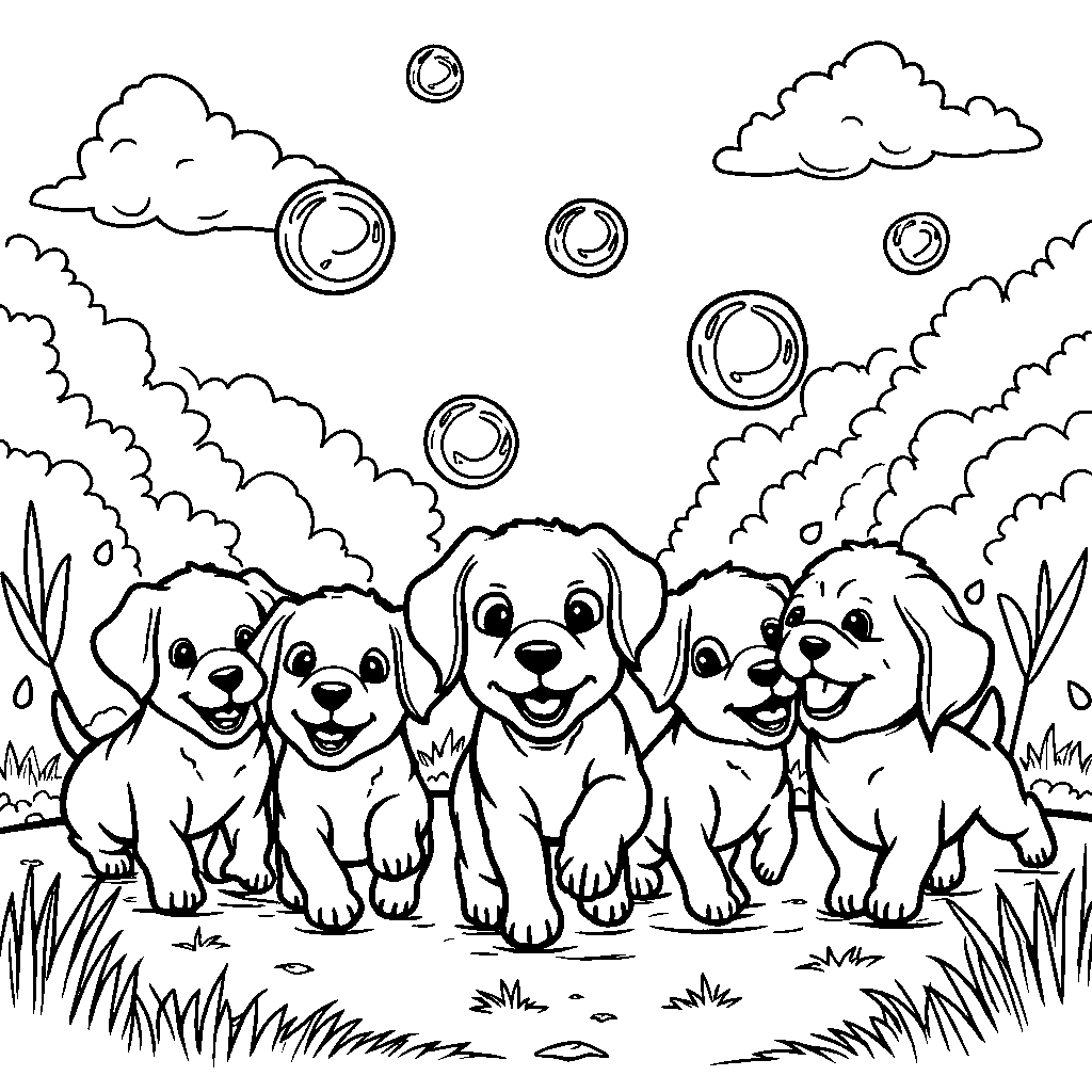 Pups playing with bubbles in the park