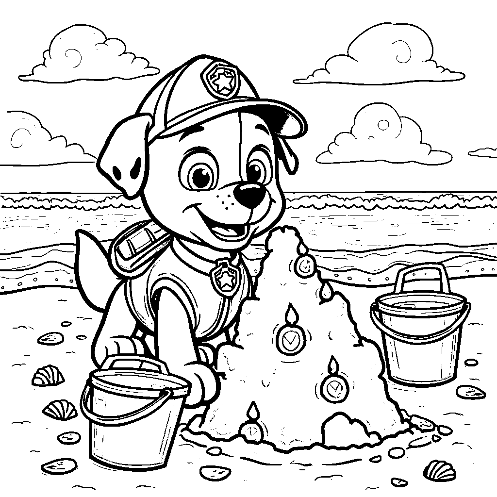 Rubble building a sandcastle on the beach