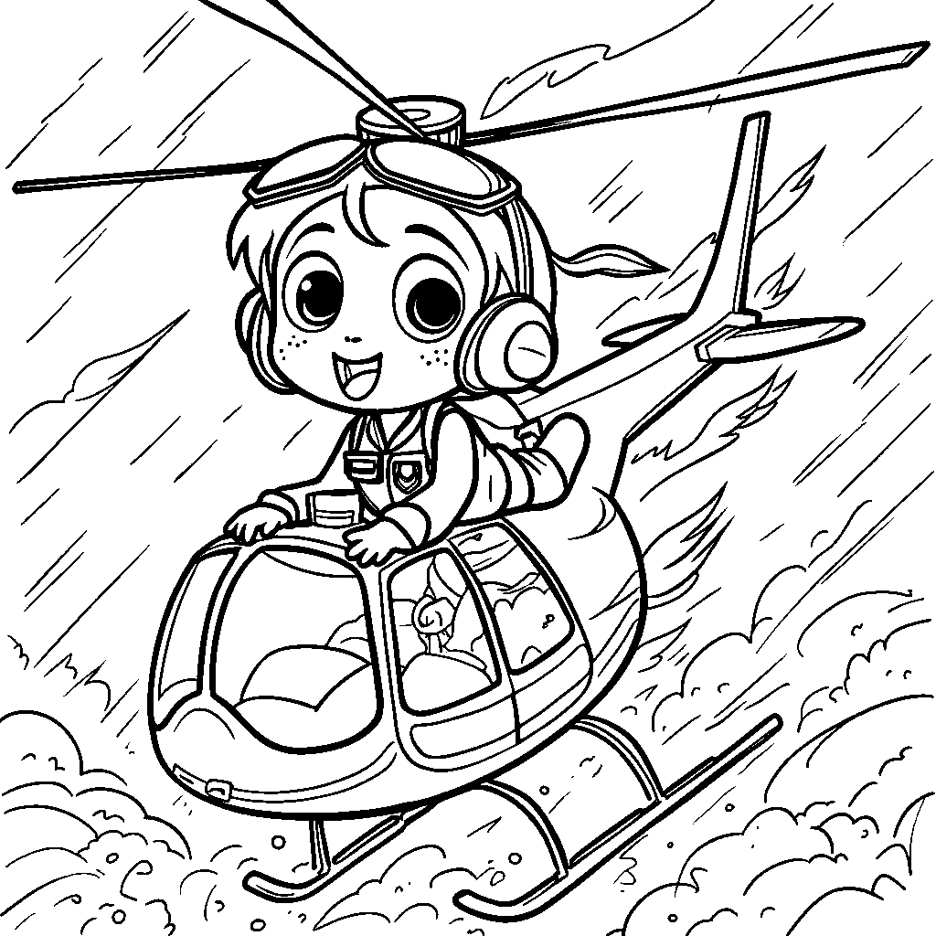 Skye flying her helicopter through stormy weather