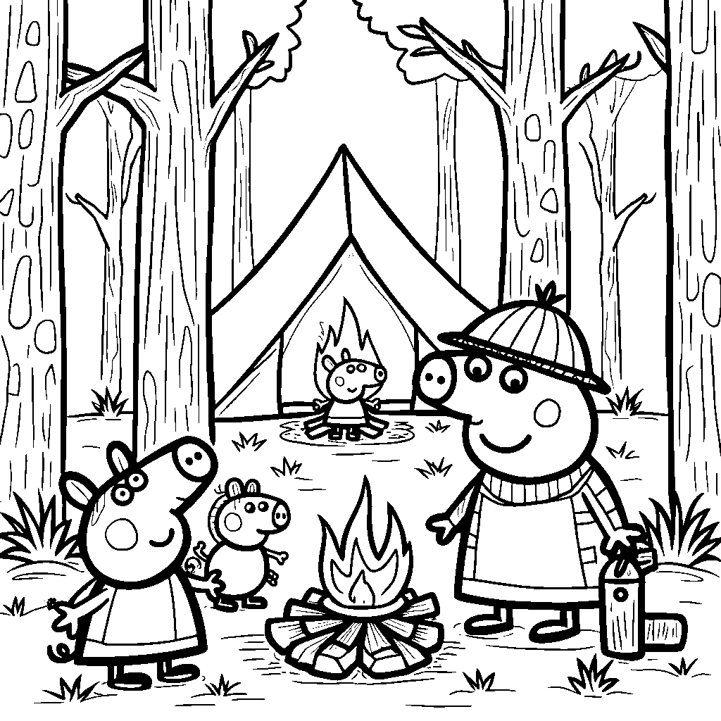 Peppa Pig and her family on a camping trip in the woods