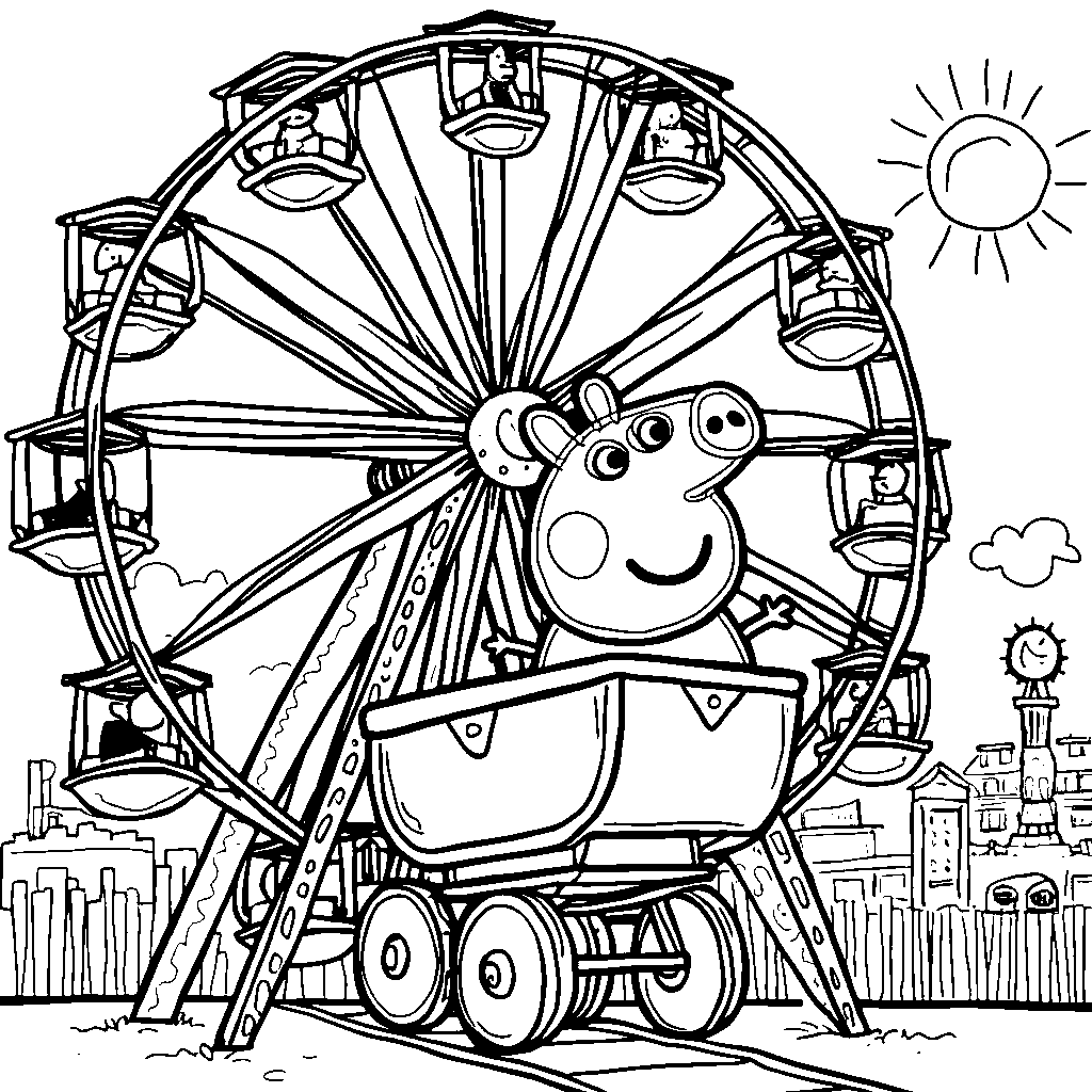 Peppa Pig at the amusement park riding the Ferris wheel