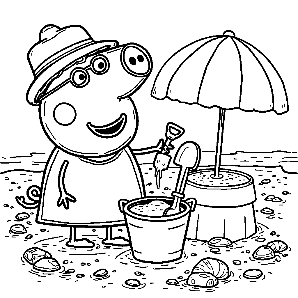 Peppa Pig at the beach building sandcastles with her bucket and shovel