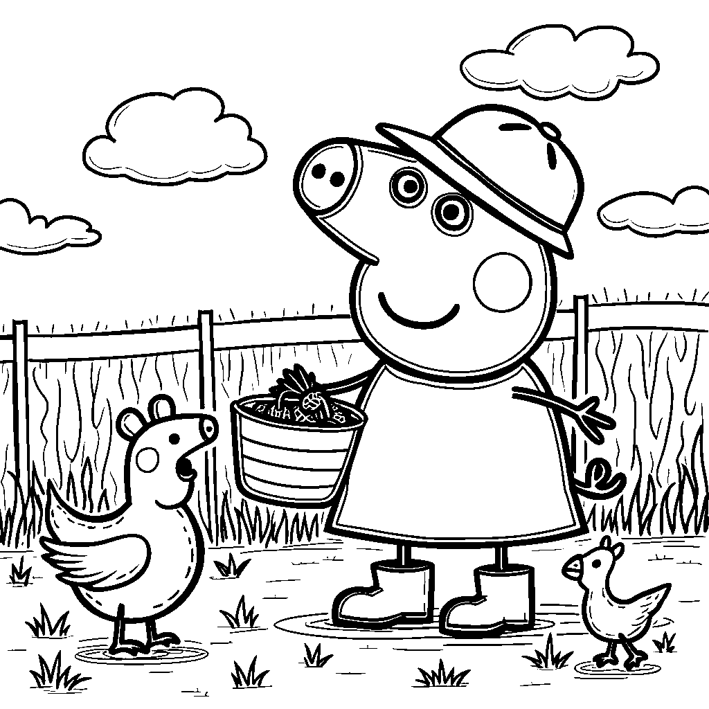 Peppa Pig at the farm feeding the chickens