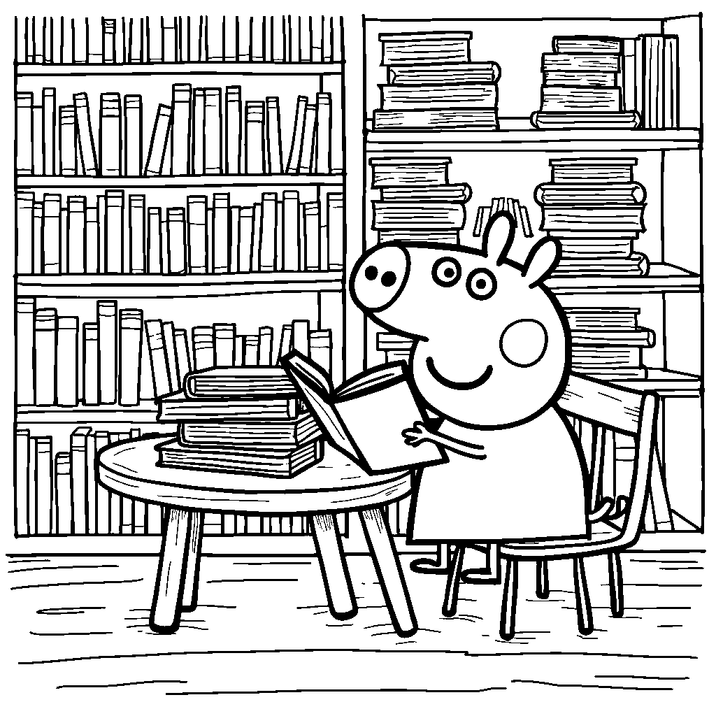 Peppa Pig at the library reading her favorite books