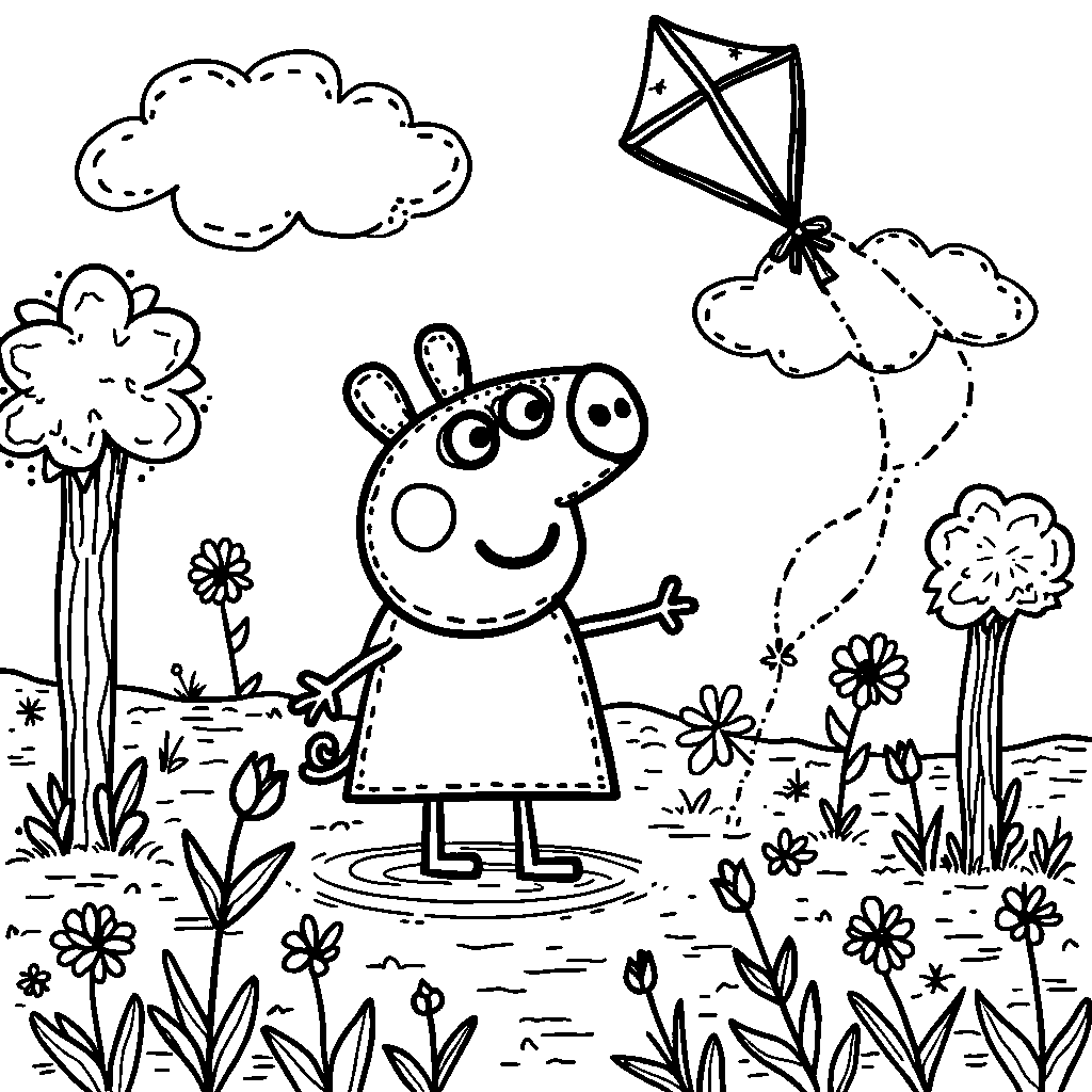 Peppa Pig at the park flying a kite on a windy day