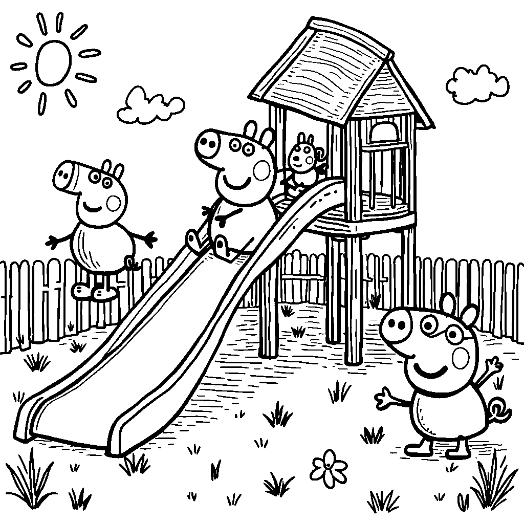 Peppa Pig at the playground sliding down the slide