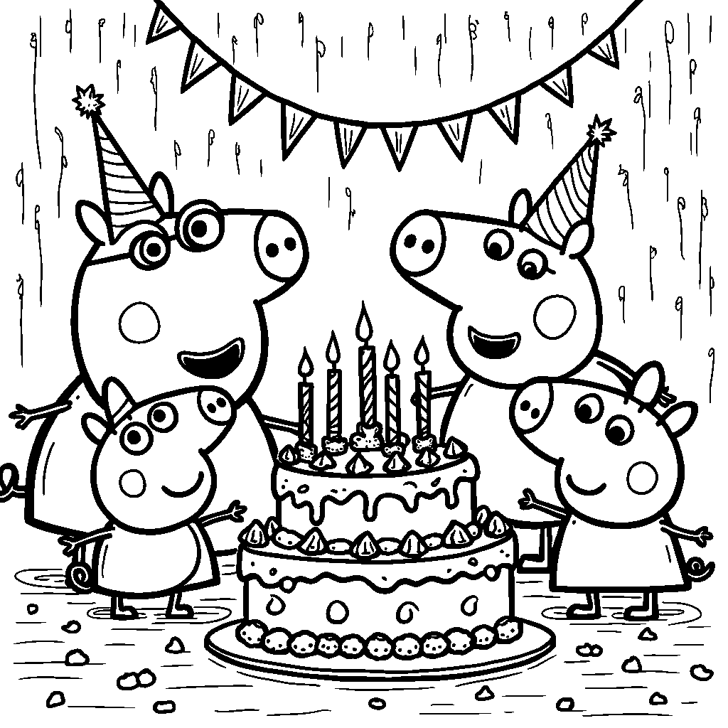 Peppa Pig having a birthday party with her friends and cake