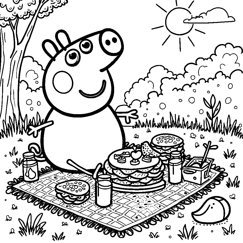 Peppa Pig having a picnic with her favorite foods, sandwiches and juice