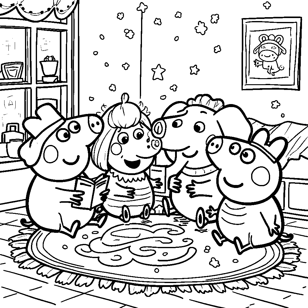 Peppa Pig having a sleepover with her friends and telling stories