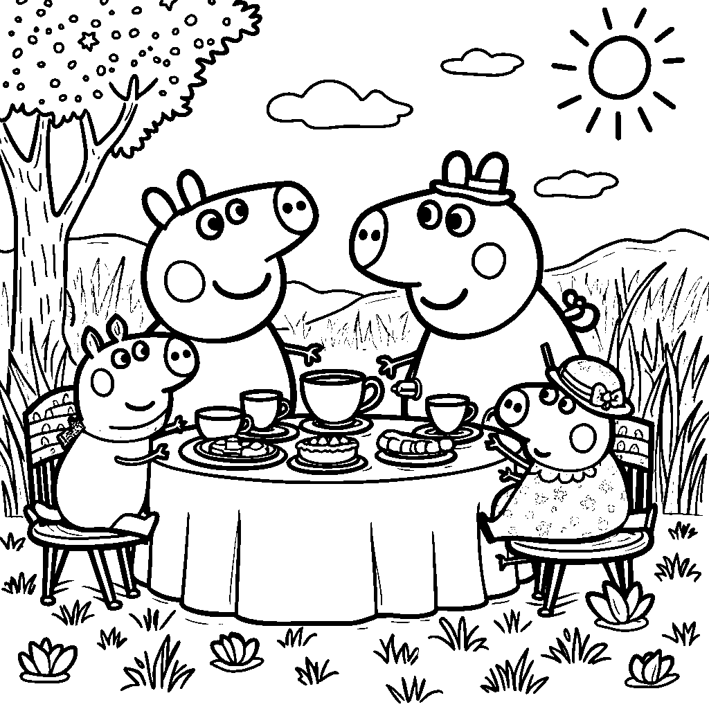 Peppa Pig having a tea party with her friends Suzy Sheep and Emily Elephant