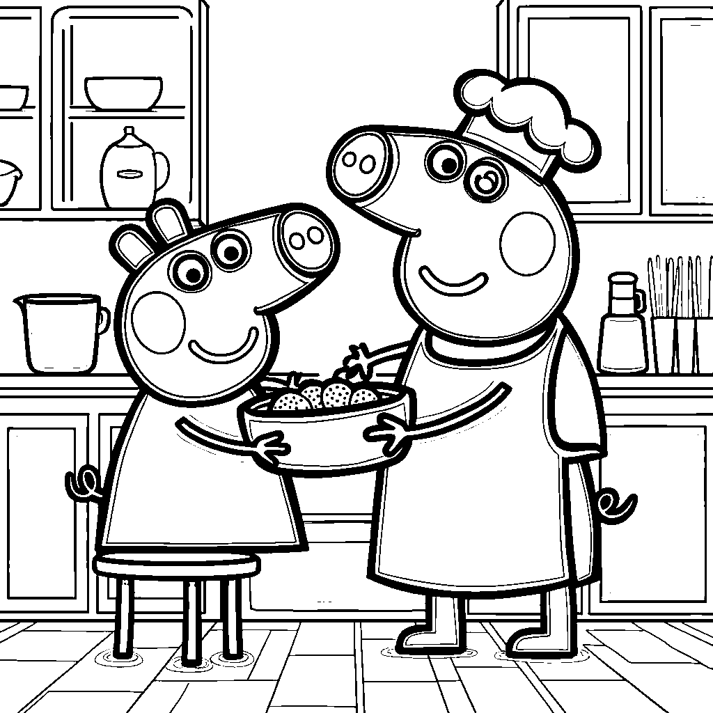 Peppa Pig helping her mom in the kitchen baking cookies