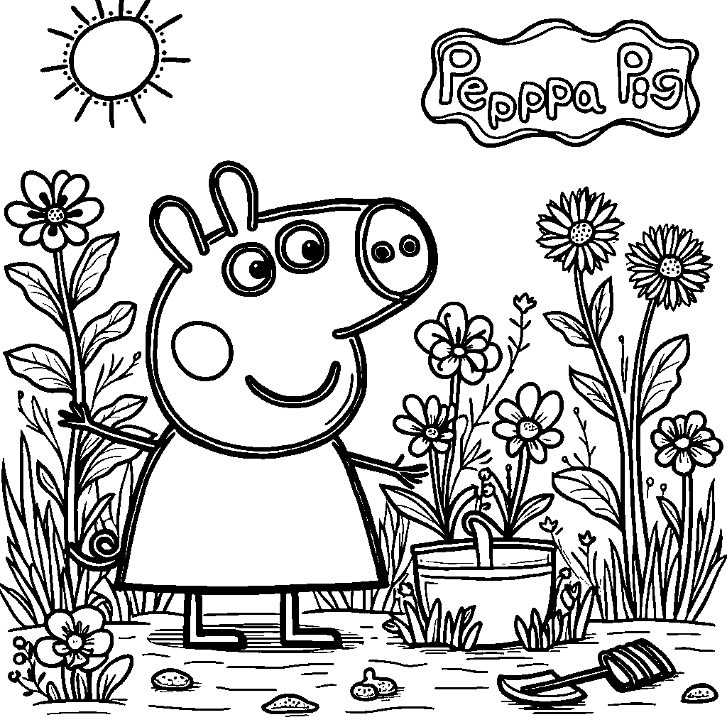 Peppa Pig in her garden planting flowers and watching them grow