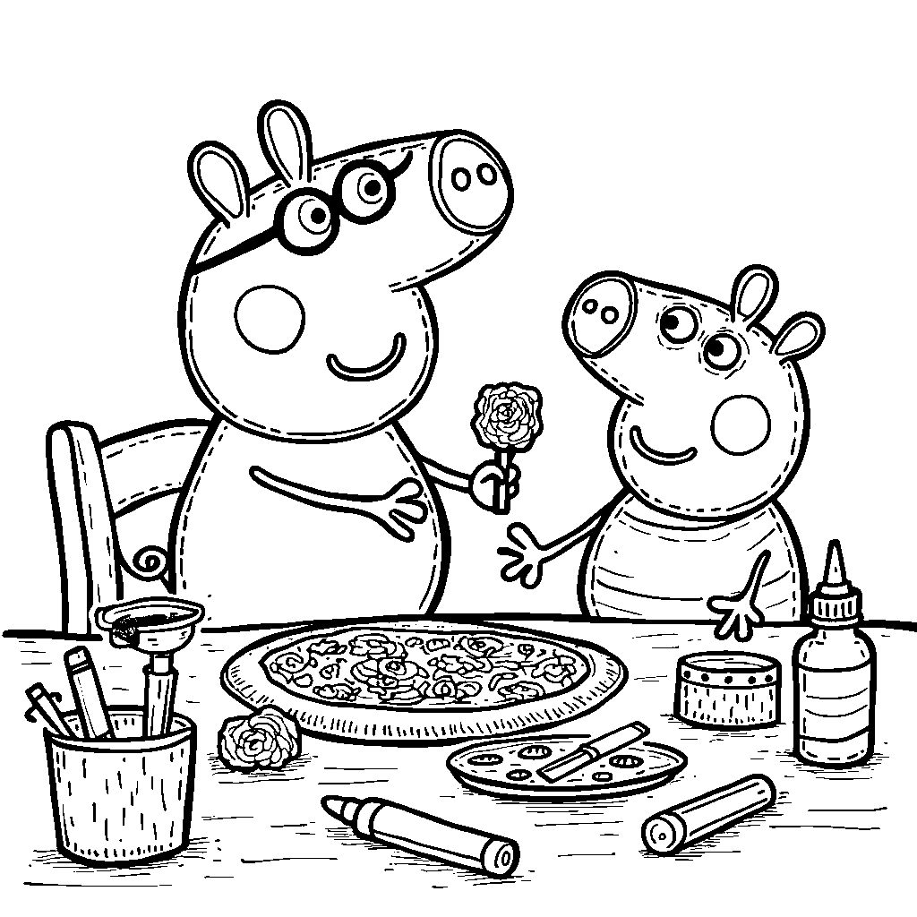 Peppa Pig making a paper plate craft and decorating it