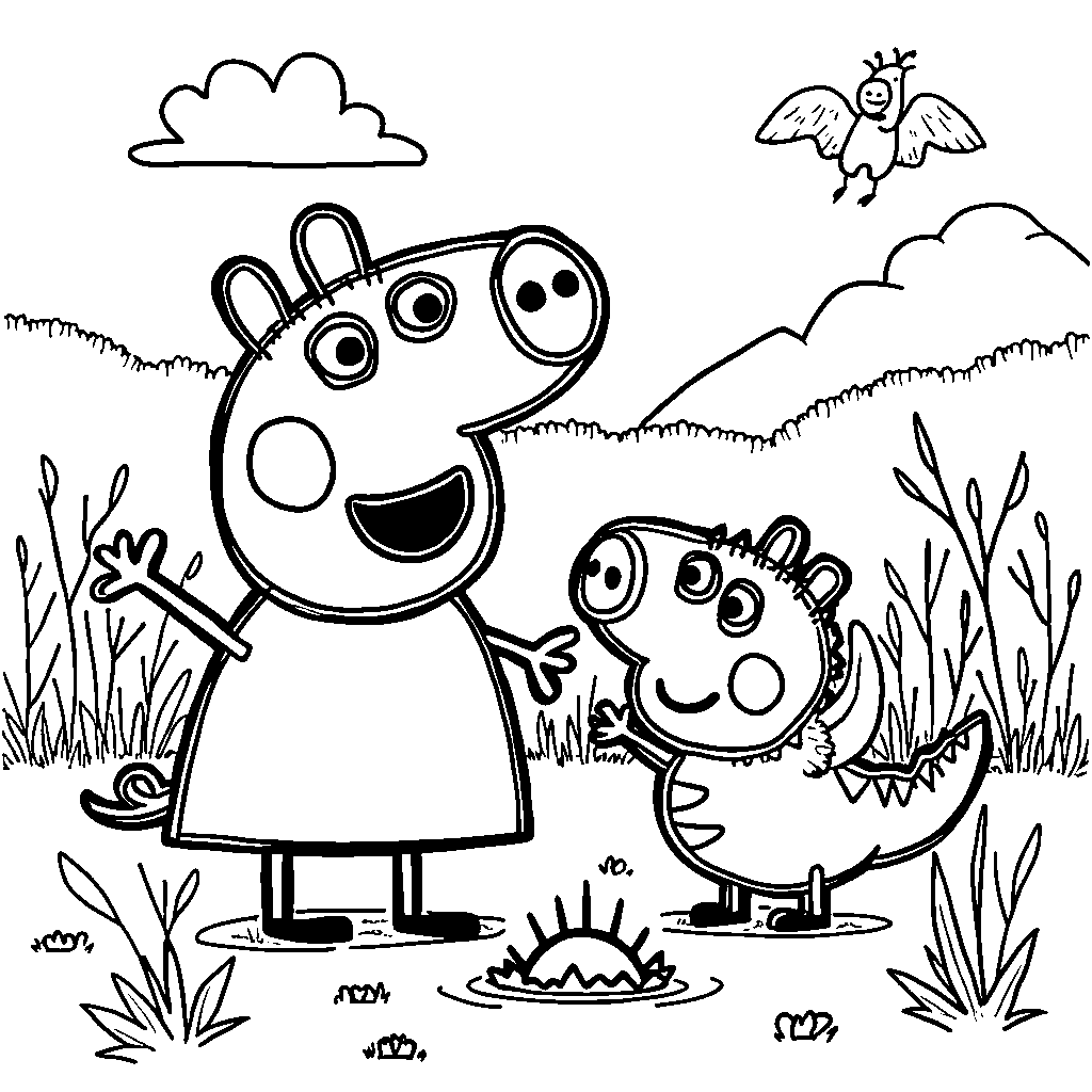 Peppa Pig playing with her favorite toy, Mr. Dinosaur